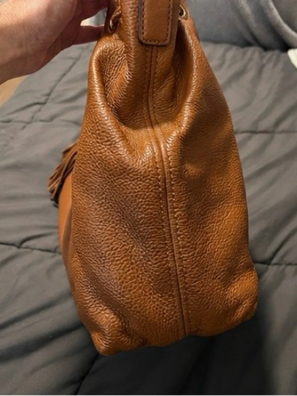 Michael Kors Cognac Brown Pebbled Leather Drawstring Tassel Tote Bag